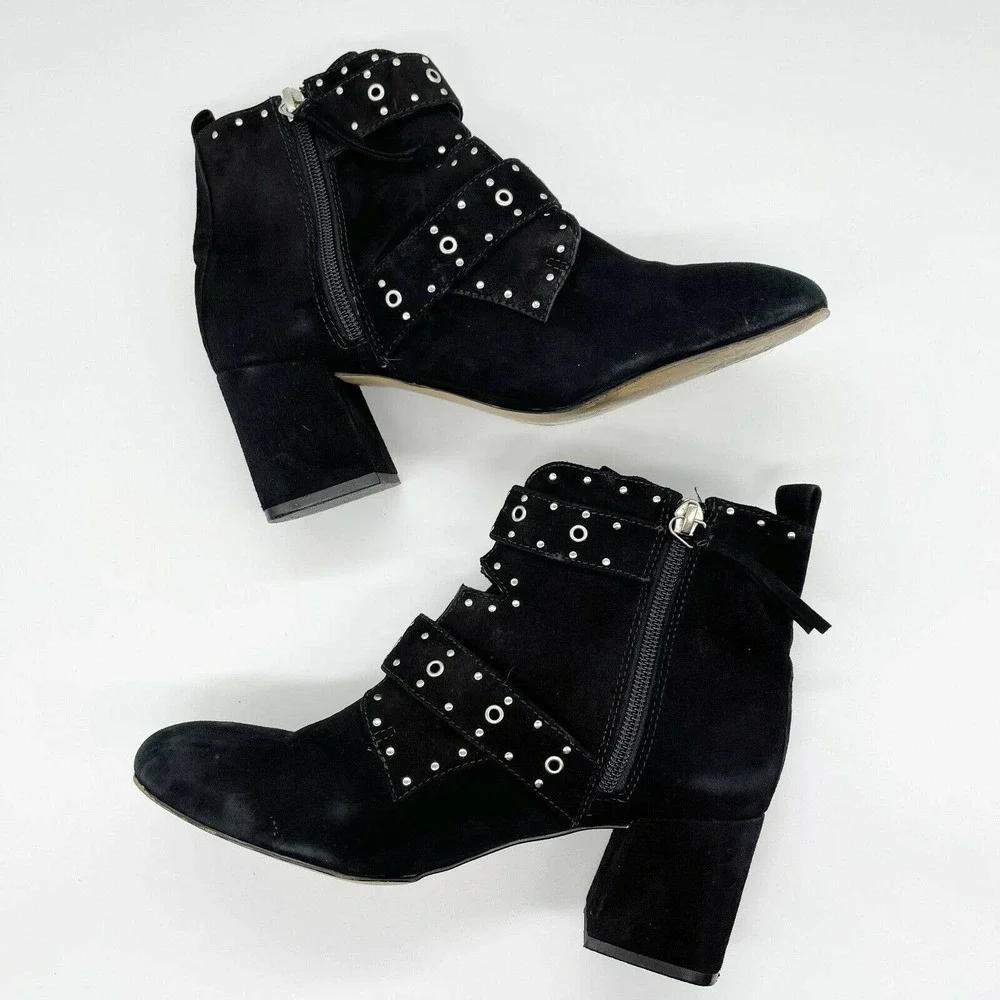 Rebecca Minkoff Logan Studded Booties Shoes‎ Sz 7.5 Black Suede Buckle Strap Zip